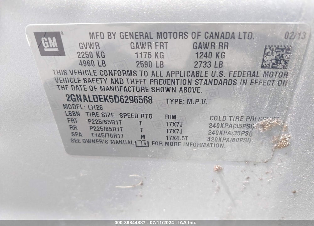 2013 CHEVROLET EQUINOX 1LT VIN: 2GNALDEK5D6296568