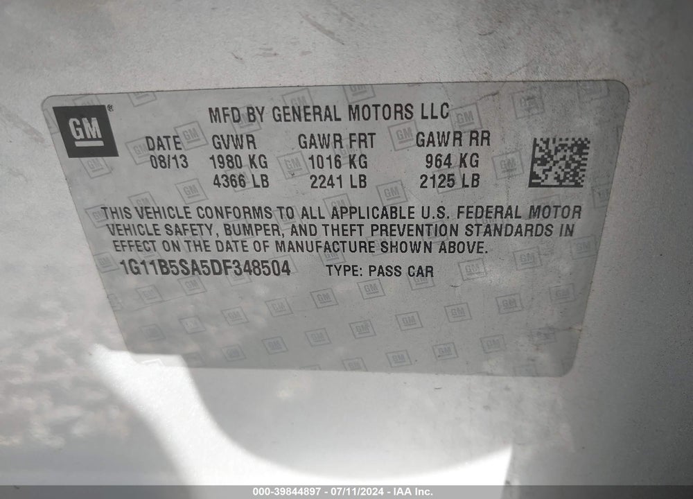 2013 CHEVROLET MALIBU 1LS VIN: 1G11B5SA5DF348504