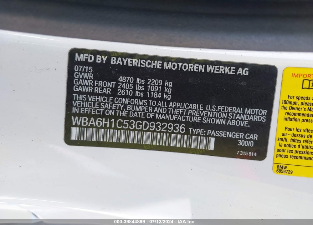 2016 BMW 640I VIN: WBA6H1C53GD932936