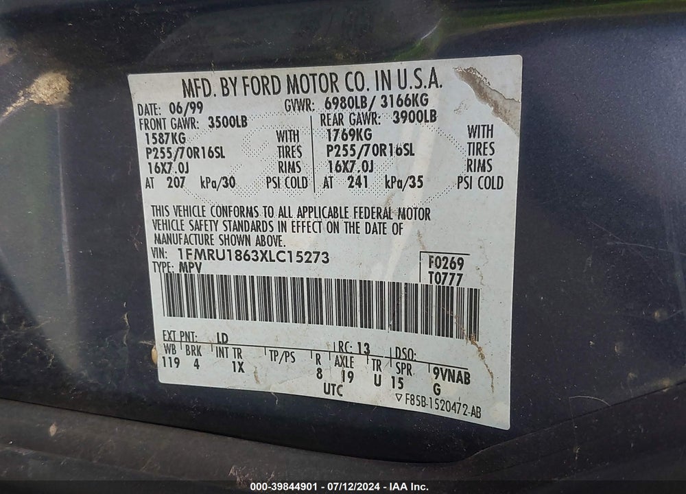 1999 FORD EXPEDITION XLT VIN: 1FMRU1863XLC15273