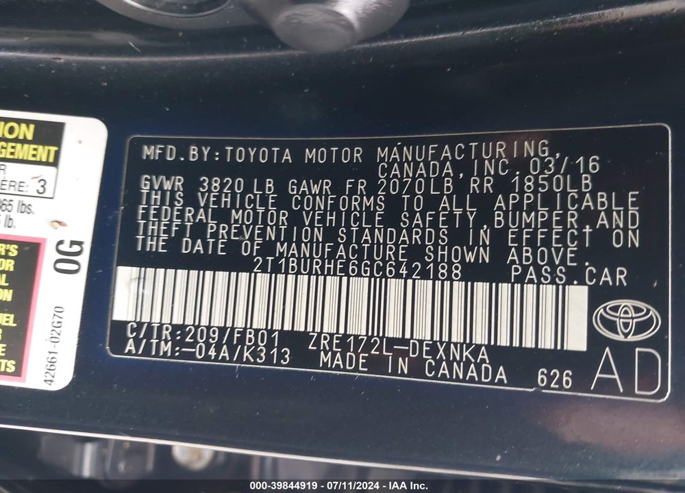 2016 TOYOTA COROLLA LE VIN: 2T1BURHE6GC642188