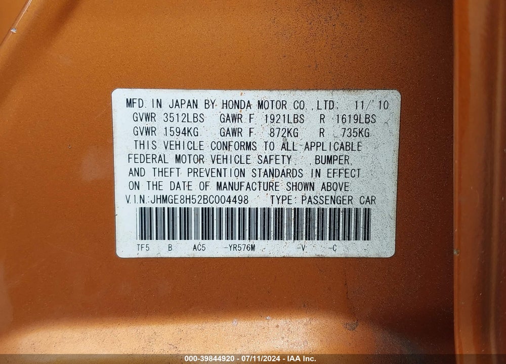 2011 HONDA FIT SPORT VIN: JHMGE8H52BC004498