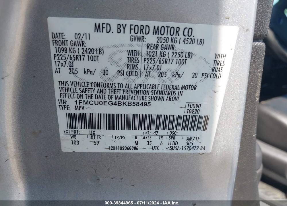 2011 FORD ESCAPE LIMITED VIN: 1FMCU0EG4BKB58495