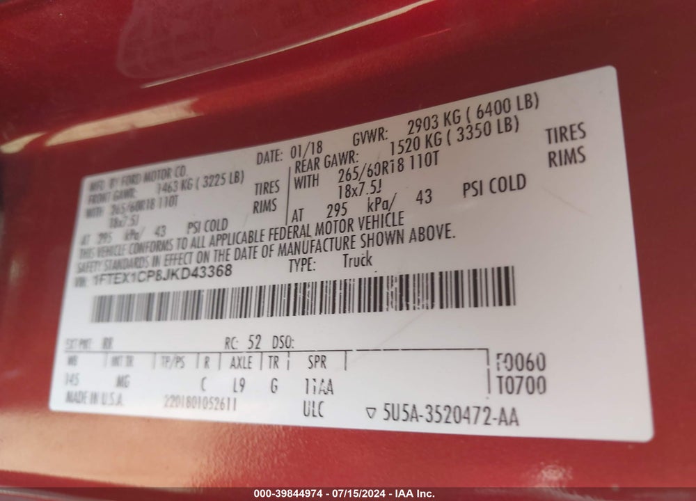 2018 FORD F-150 XLT VIN: 1FTEX1CP8JKD43368