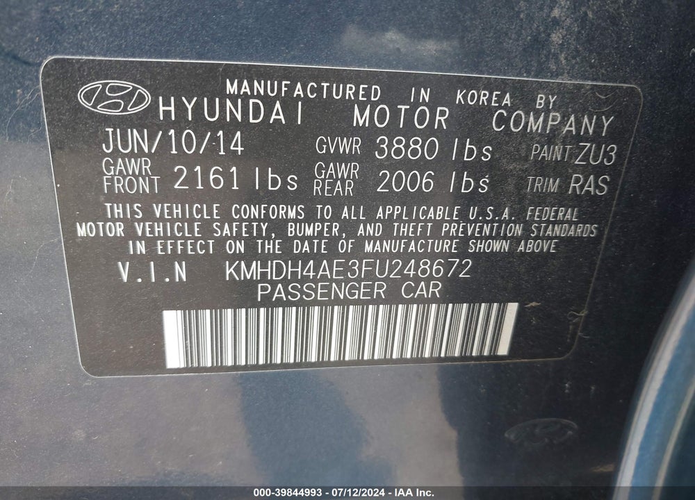 2015 HYUNDAI ELANTRA SE VIN: KMHDH4AE3FU248672
