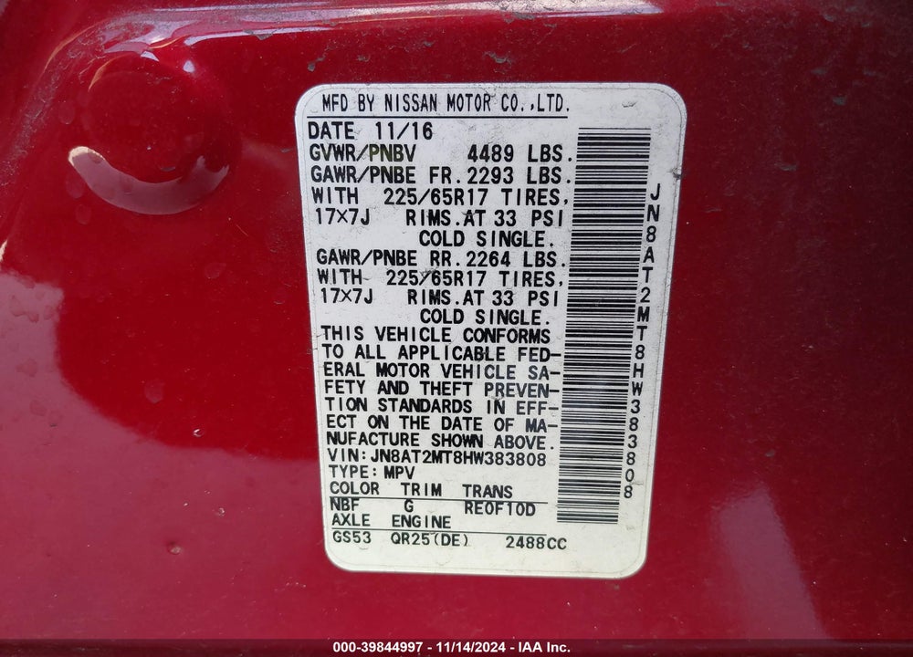 2017 NISSAN ROGUE S VIN: JN8AT2MT8HW383808