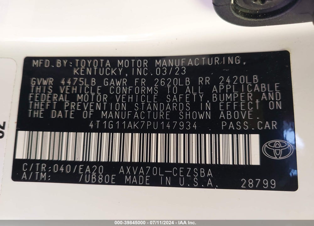 2023 TOYOTA CAMRY SE VIN: 4T1G11AK7PU147934