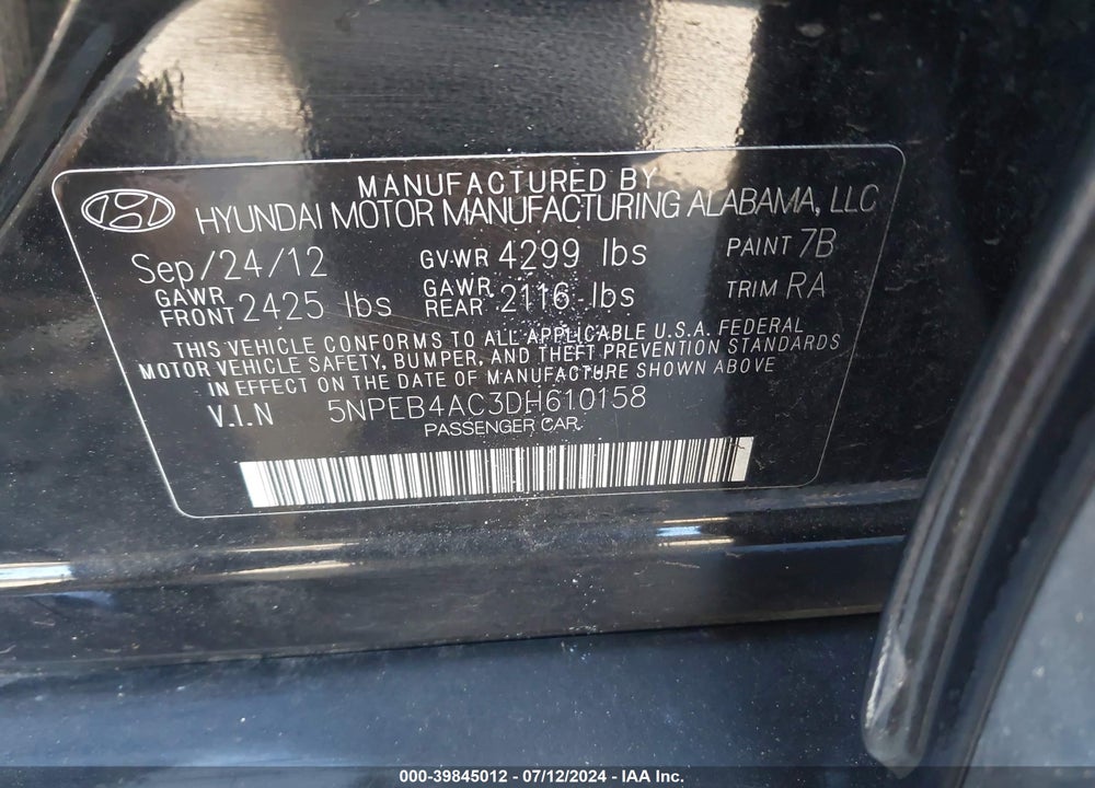2013 HYUNDAI SONATA GLS VIN: 5NPEB4AC3DH610158