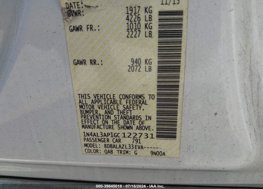 2016 NISSAN ALTIMA 2.5 VIN: 1N4AL3AP1GC122731