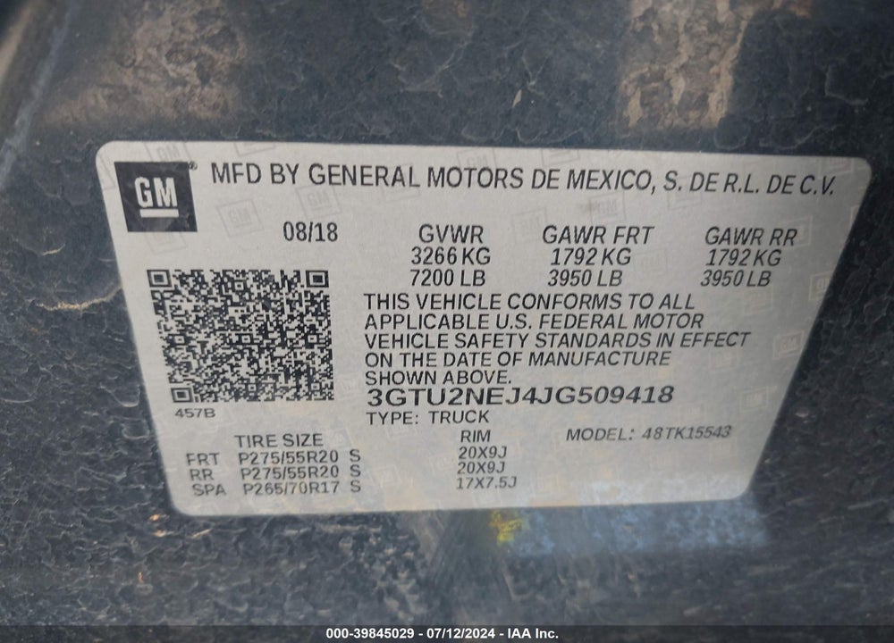2018 GMC SIERRA 1500 SLT VIN: 3GTU2NEJ4JG509418