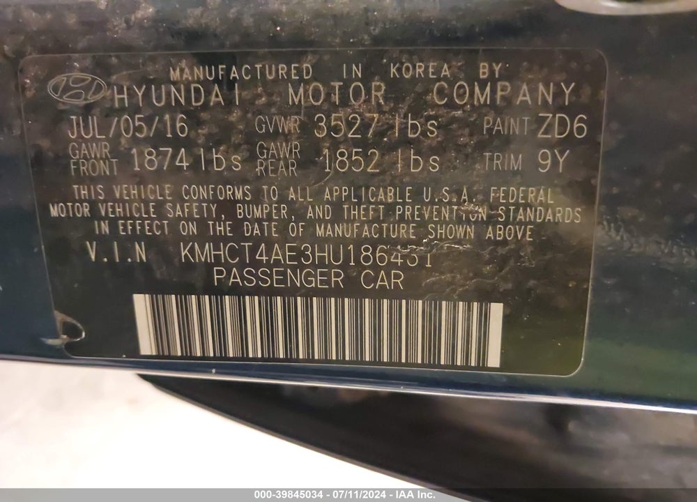 2017 HYUNDAI ACCENT SE VIN: KMHCT4AE3HU186431
