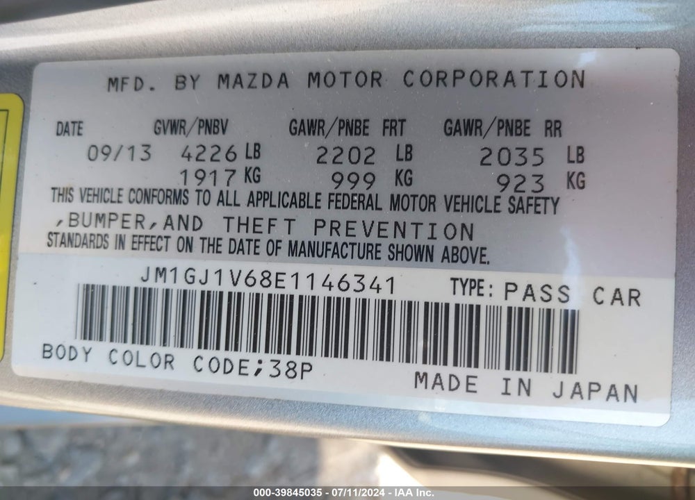 2014 MAZDA 6 I TOURING VIN: JM1GJ1V68E1146341
