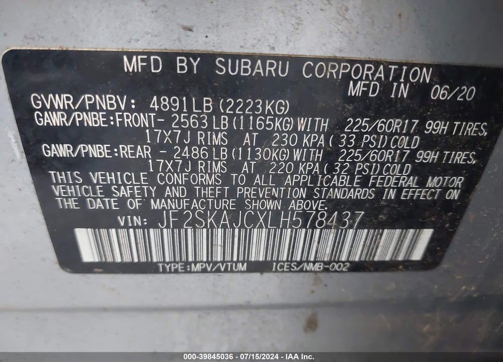 2020 SUBARU FORESTER PREMIUM VIN: JF2SKAJCXLH578437
