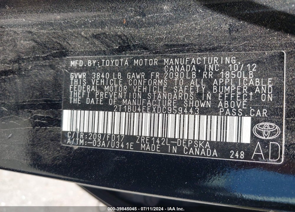 2013 TOYOTA COROLLA S VIN: 2T1BU4EEXDC959443