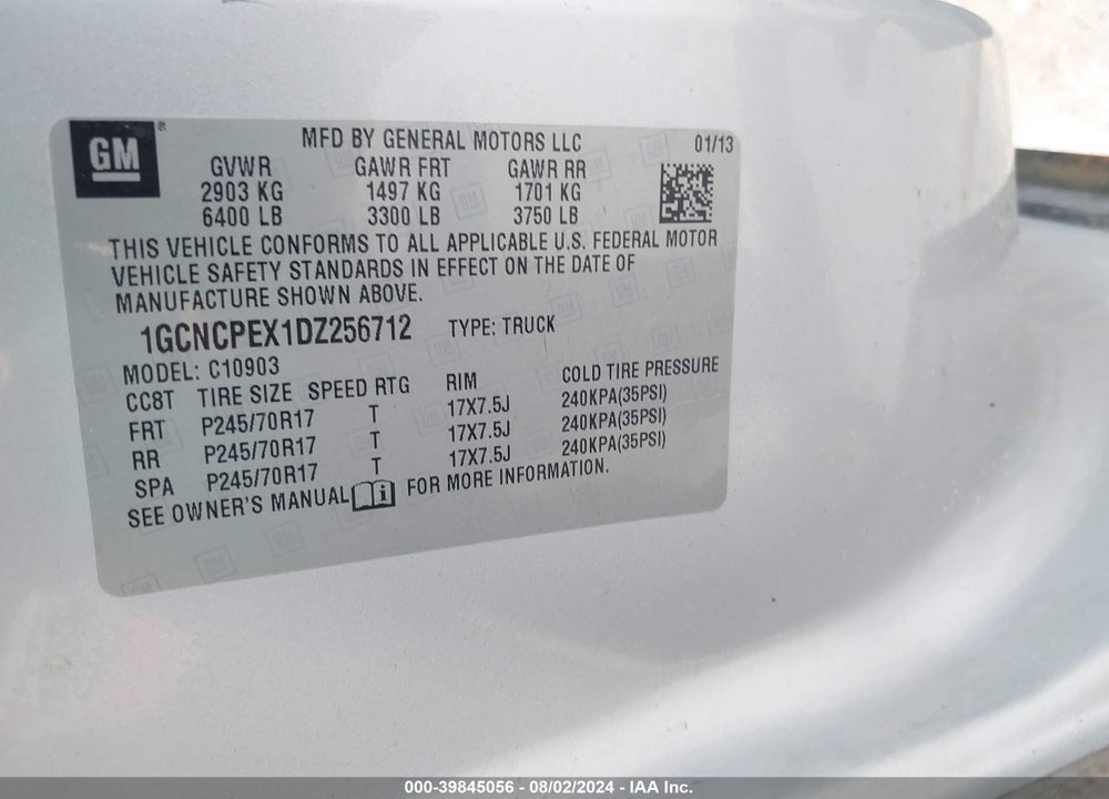 2013 CHEVROLET SILVERADO 1500 WORK TRUCK VIN: 1GCNCPEX1DZ256712