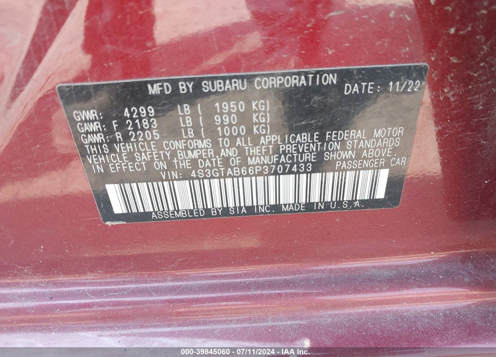 2023 SUBARU IMPREZA BASE 5-DOOR VIN: 4S3GTAB66P3707433