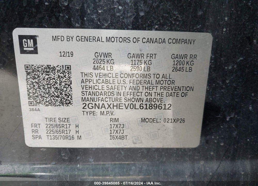 2020 CHEVROLET EQUINOX FWD LS VIN: 2GNAXHEV0L6189612