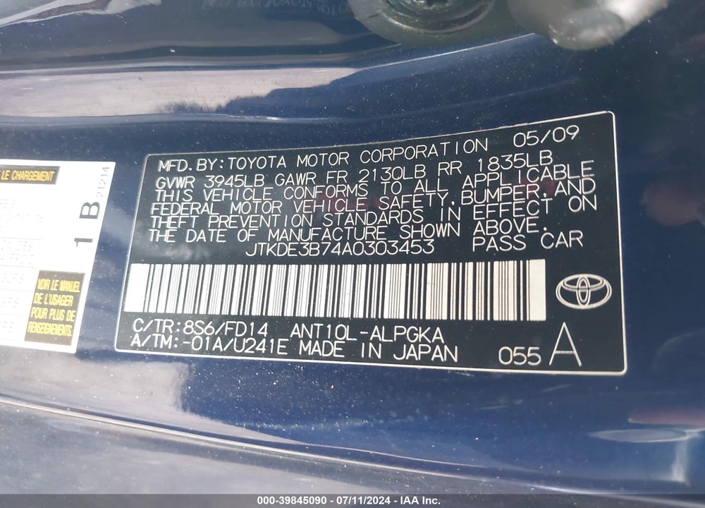 2010 SCION TC VIN: JTKDE3B74A0303453