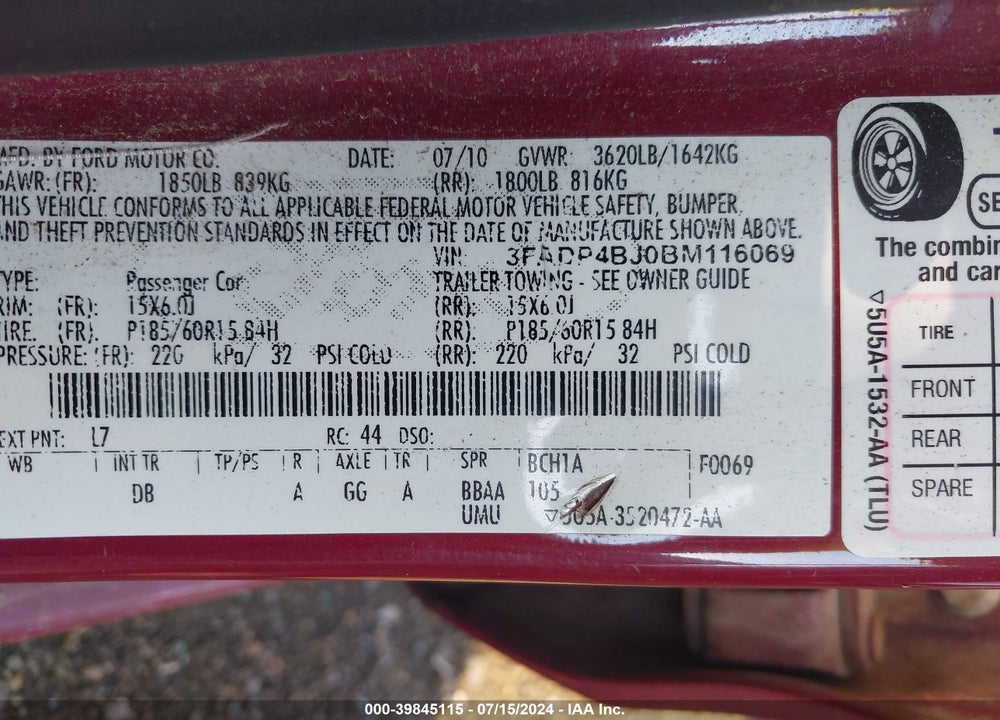 2011 FORD FIESTA SE VIN: 3FADP4BJ0BM116069