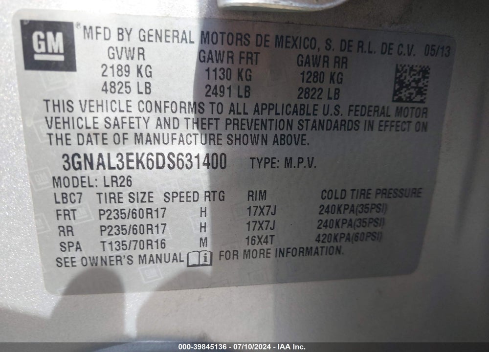 2013 CHEVROLET CAPTIVA SPORT LT VIN: 3GNAL3EK6DS631400