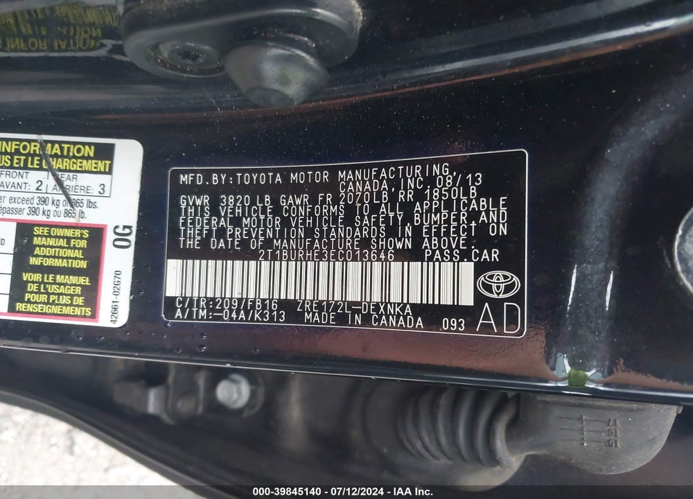 2014 TOYOTA COROLLA LE VIN: 2T1BURHE3EC013646