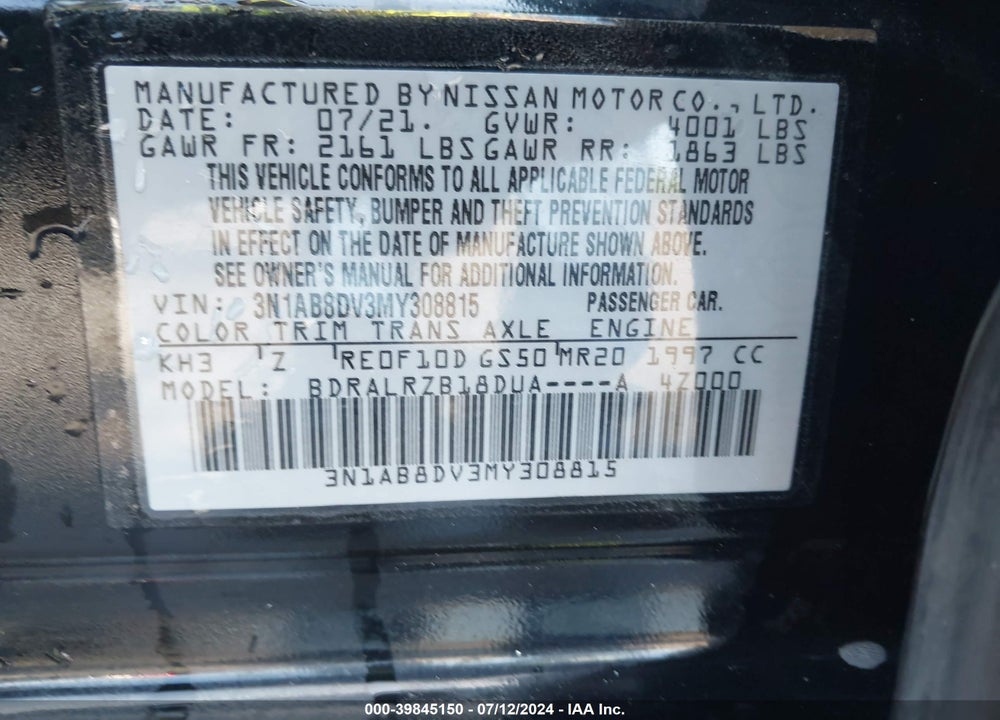 2021 NISSAN SENTRA SR XTRONIC CVT VIN: 3N1AB8DV3MY308815
