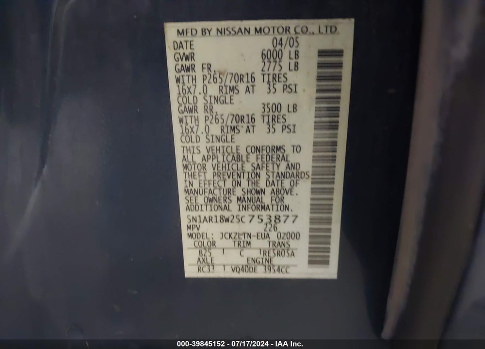 2005 NISSAN PATHFINDER SE VIN: 5N1AR18W25C753877