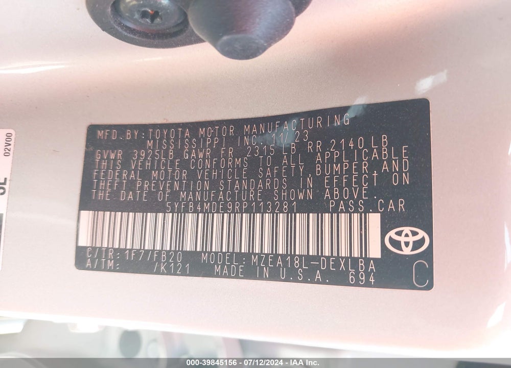 2024 TOYOTA COROLLA LE VIN: 5YFB4MDE9RP113281