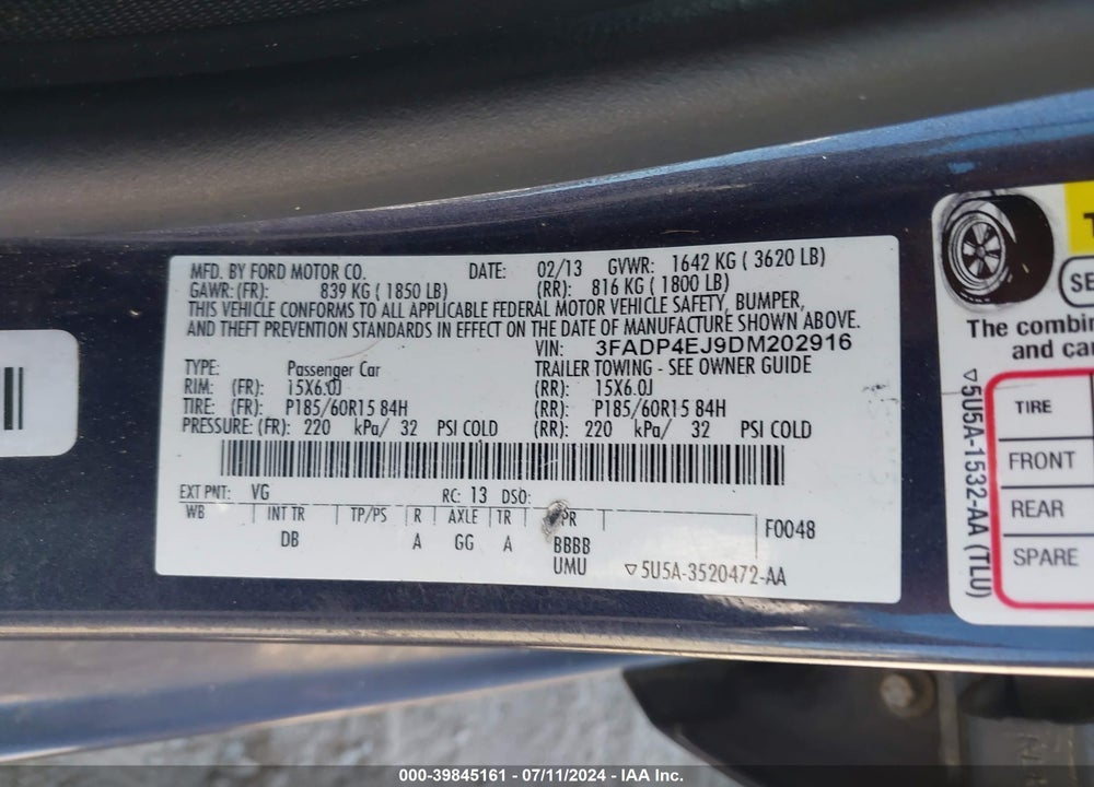 2013 FORD FIESTA SE VIN: 3FADP4EJ9DM202916