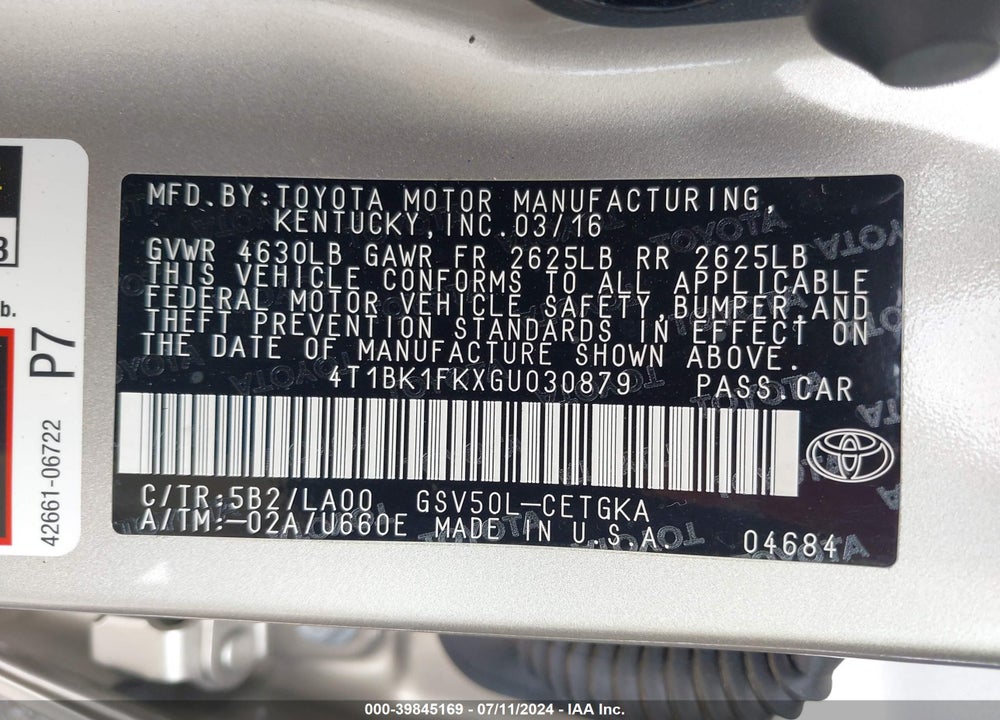 2016 TOYOTA CAMRY VIN: 4T1BK1FKXGU030879