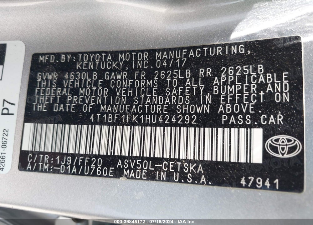 2017 TOYOTA CAMRY SE VIN: 4T1BF1FK1HU424292