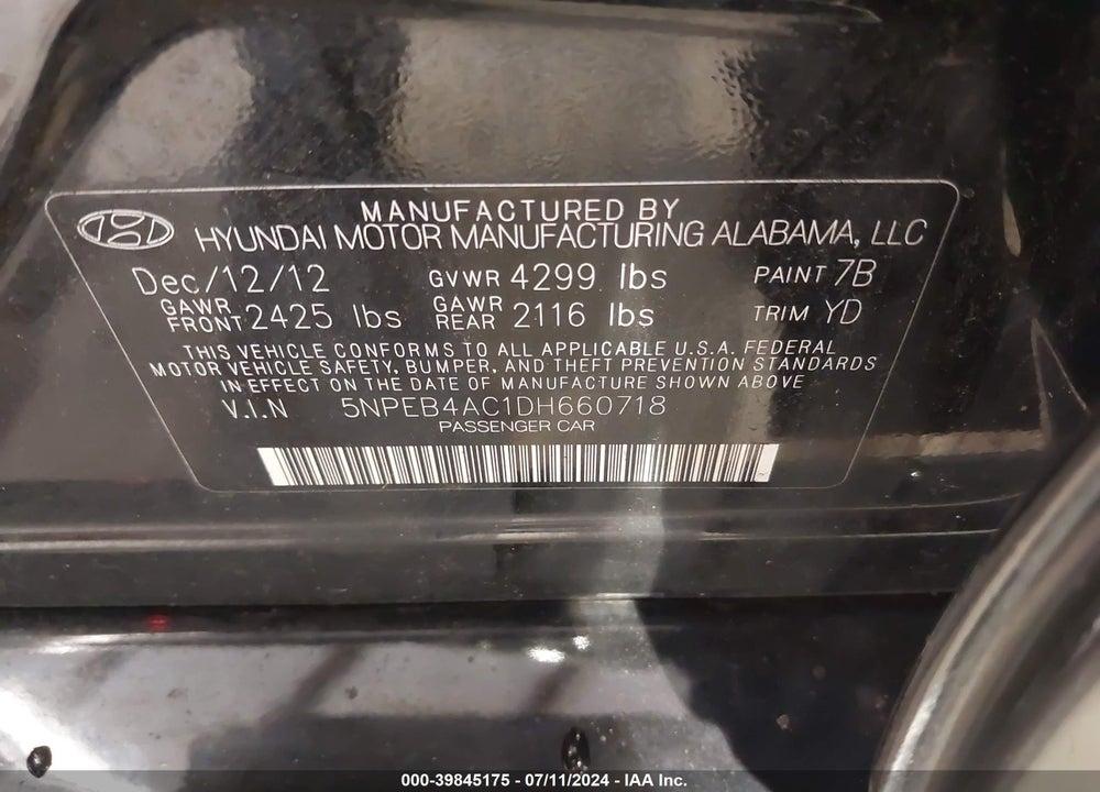 2013 HYUNDAI SONATA GLS VIN: 5NPEB4AC1DH660718