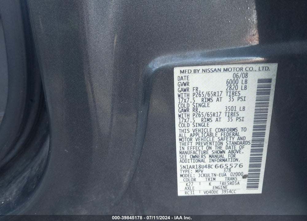 2008 NISSAN PATHFINDER SE VIN: 5N1AR18U48C665576