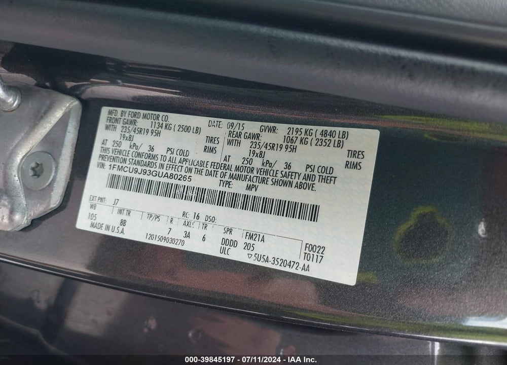 2016 FORD ESCAPE TITANIUM VIN: 1FMCU9J93GUA80265