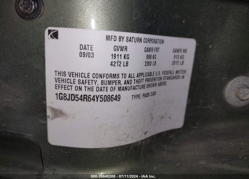 2004 SATURN L300 2 VIN: 1G8JD54R64Y508649