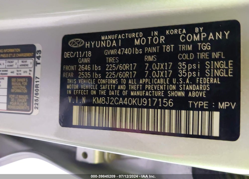 2019 HYUNDAI TUCSON SE VIN: KM8J2CA40KU917156