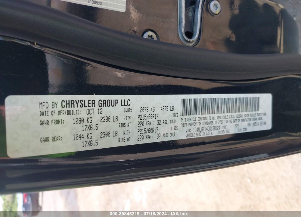 2013 JEEP PATRIOT LATITUDE VIN: 1C4NJRFB4DD158324