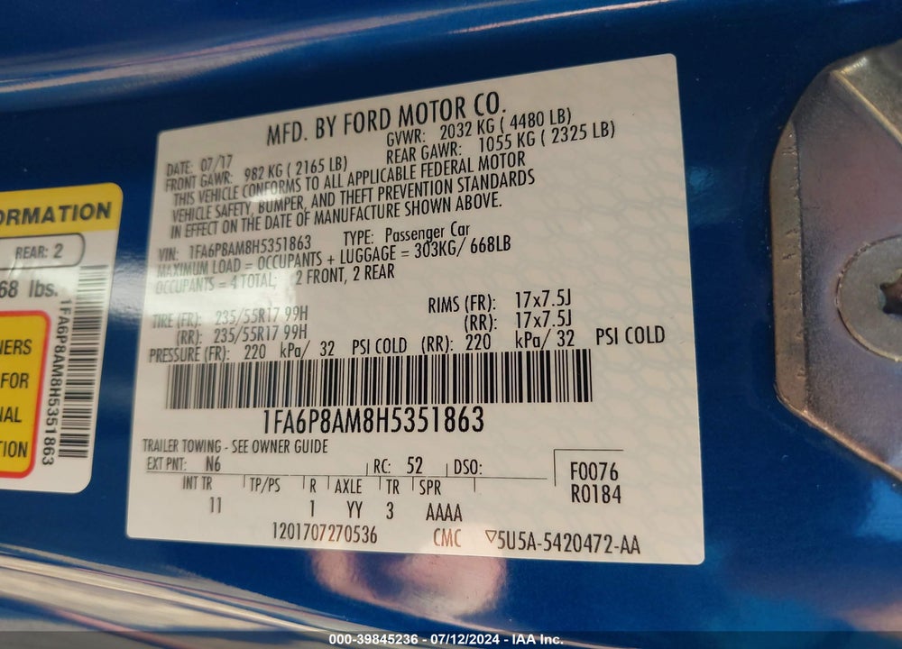 2017 FORD MUSTANG V6 VIN: 1FA6P8AM8H5351863