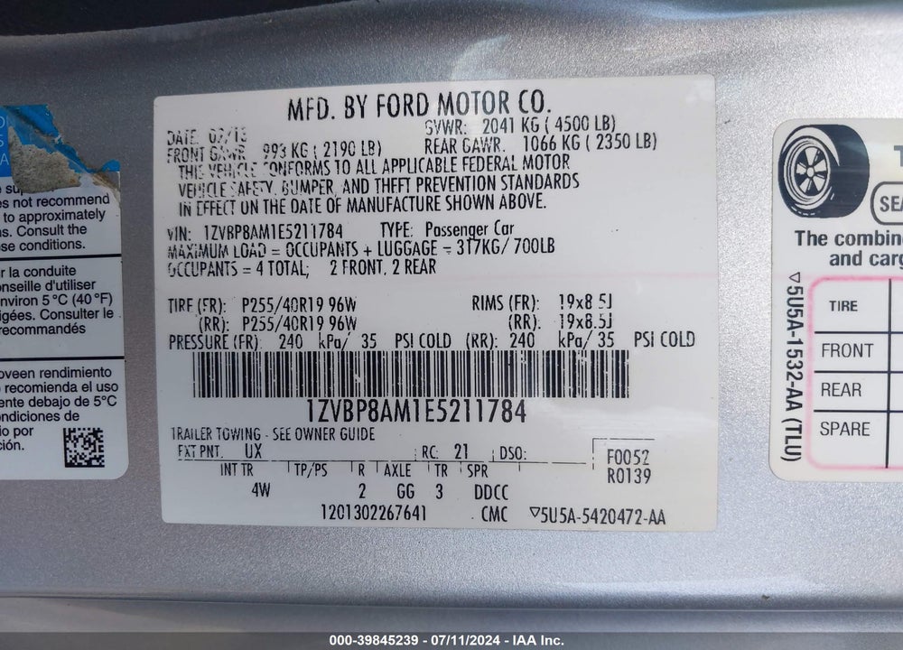 2014 FORD MUSTANG V6 PREMIUM VIN: 1ZVBP8AM1E5211784