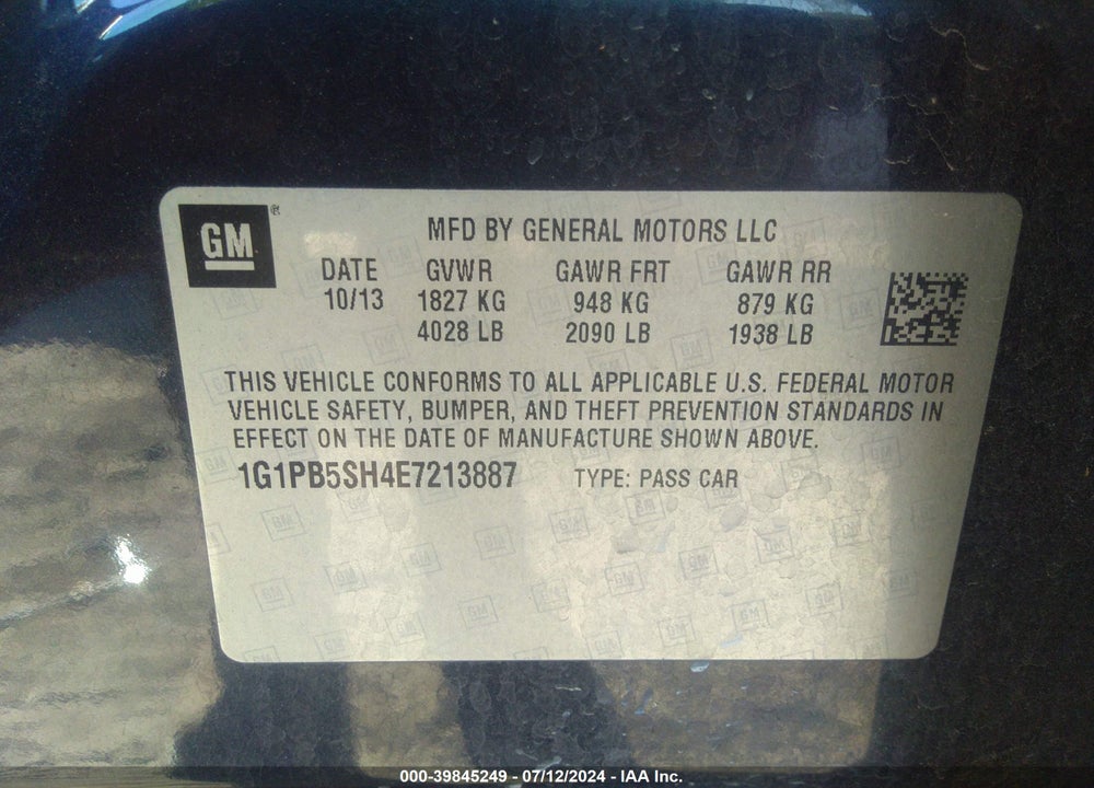 2014 CHEVROLET CRUZE LS MANUAL VIN: 1G1PB5SH4E7213887