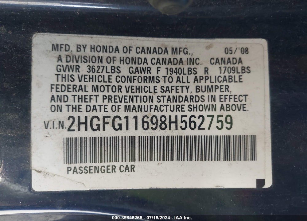 2008 HONDA CIVIC LX VIN: 2HGFG11698H562759