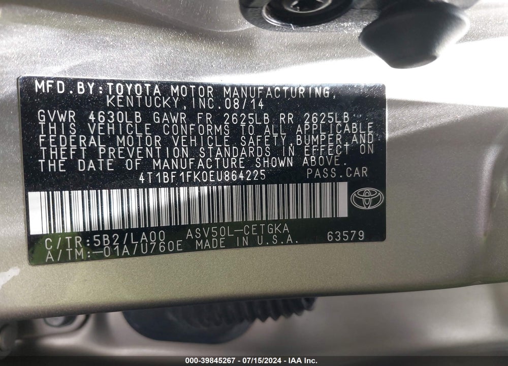 2014 TOYOTA CAMRY XLE VIN: 4T1BF1FK0EU864225