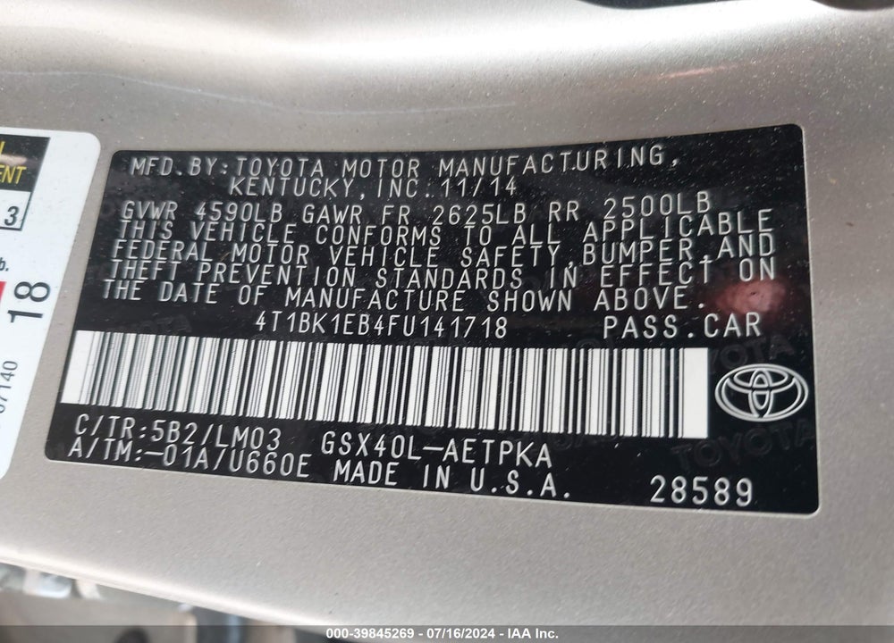 2015 TOYOTA AVALON LIMITED VIN: 4T1BK1EB4FU141718