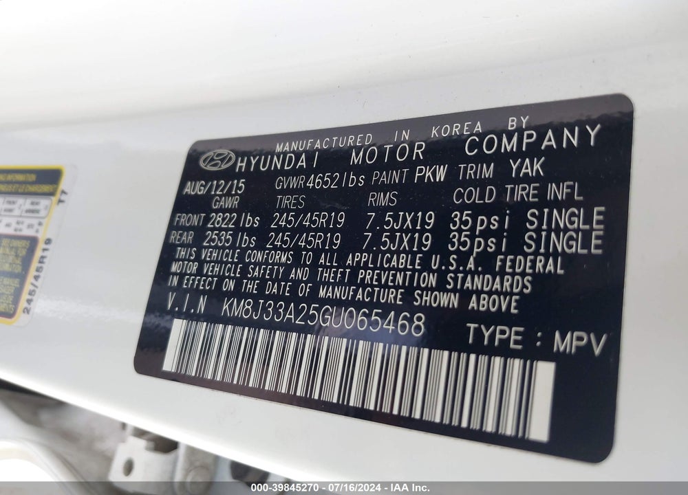 2016 HYUNDAI TUCSON LIMITED VIN: KM8J33A25GU065468