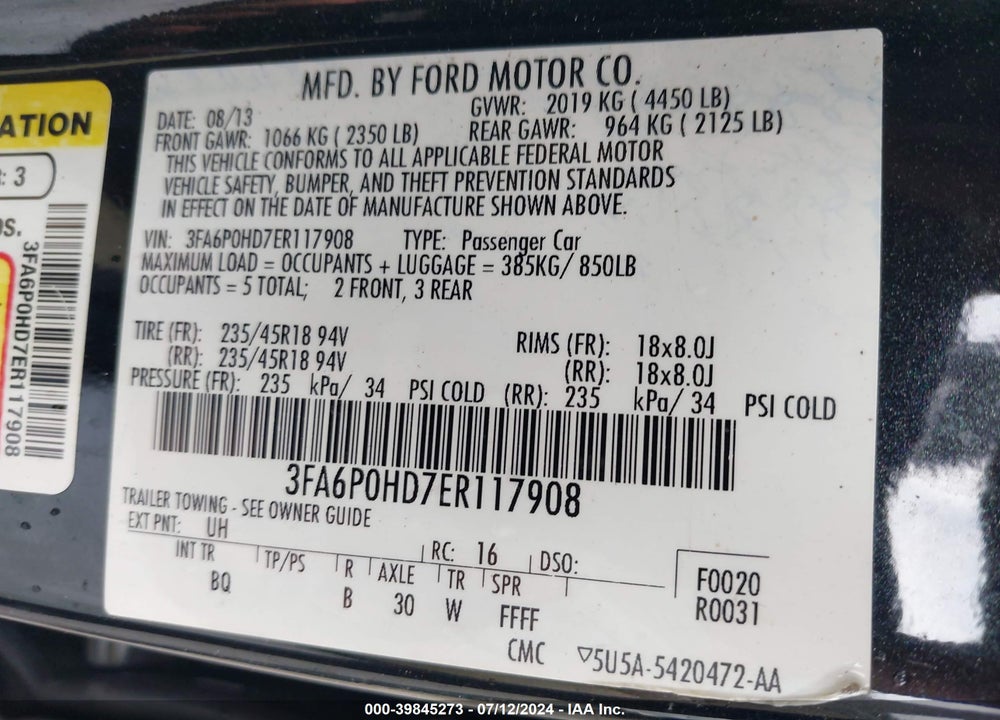 2014 FORD FUSION SE VIN: 3FA6P0HD7ER117908