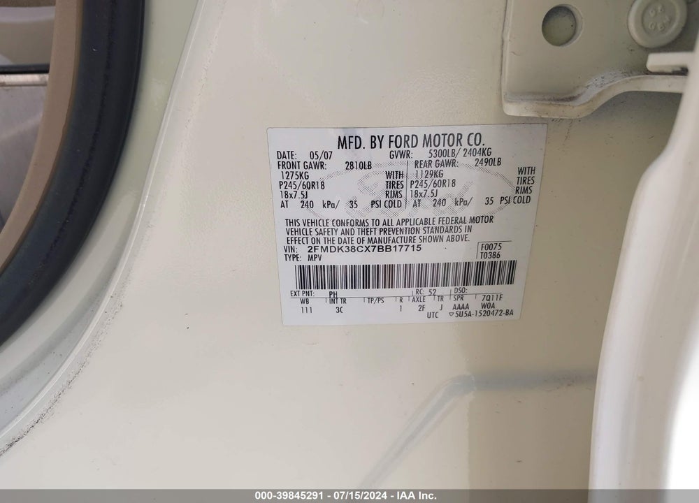 2007 FORD EDGE VIN: 2FMDK38CX7BB17715