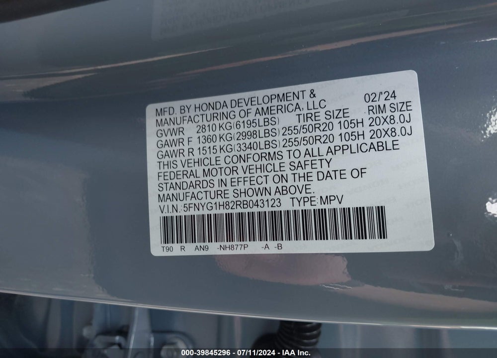 2024 HONDA PILOT AWD ELITE VIN: 5FNYG1H82RB043123