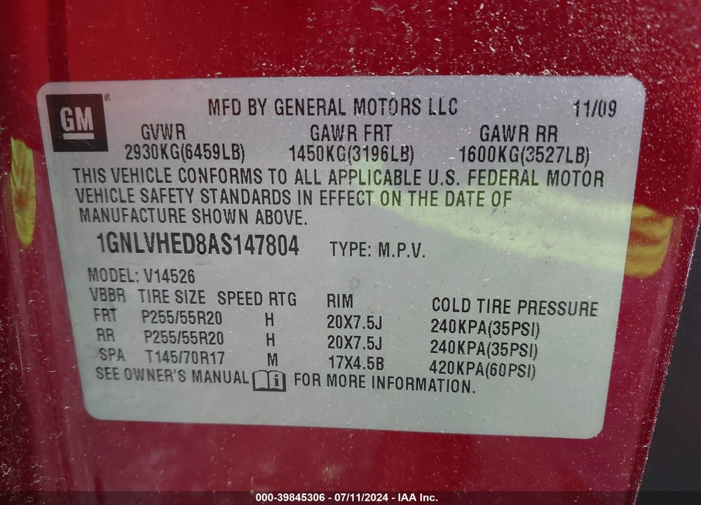 2010 CHEVROLET TRAVERSE LTZ VIN: 1GNLVHED8AS147804