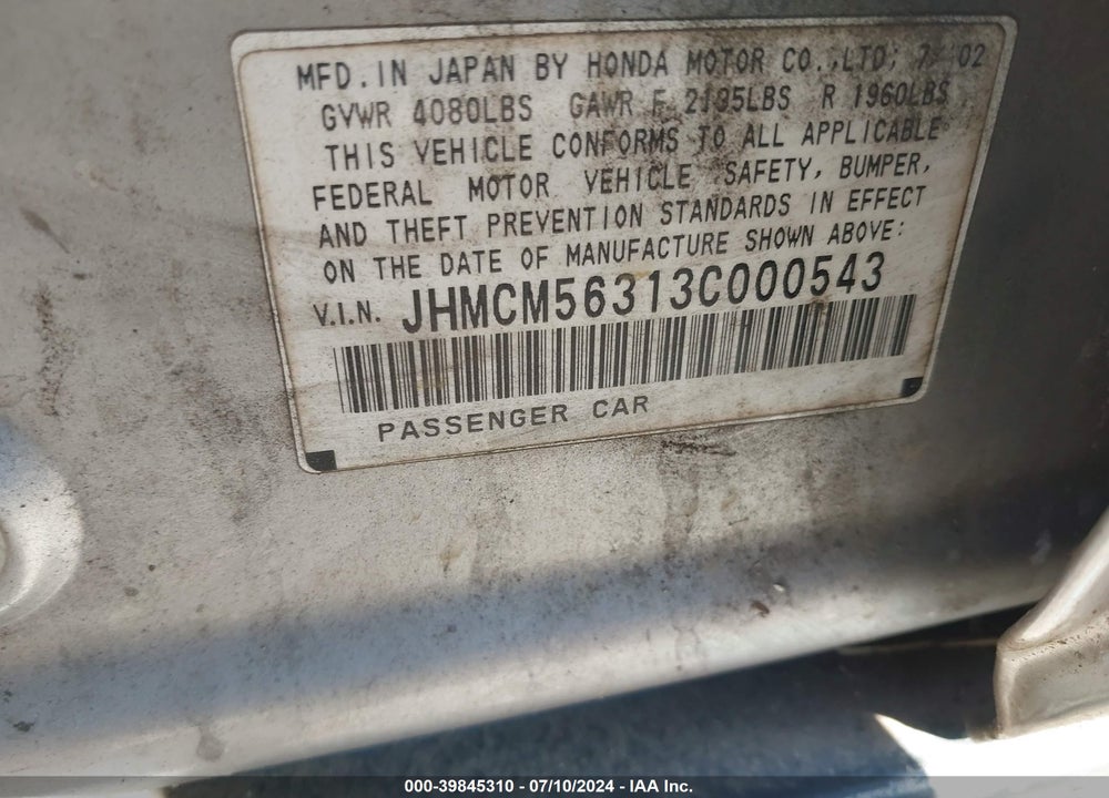 2003 HONDA ACCORD 2.4 LX VIN: JHMCM56313C000543
