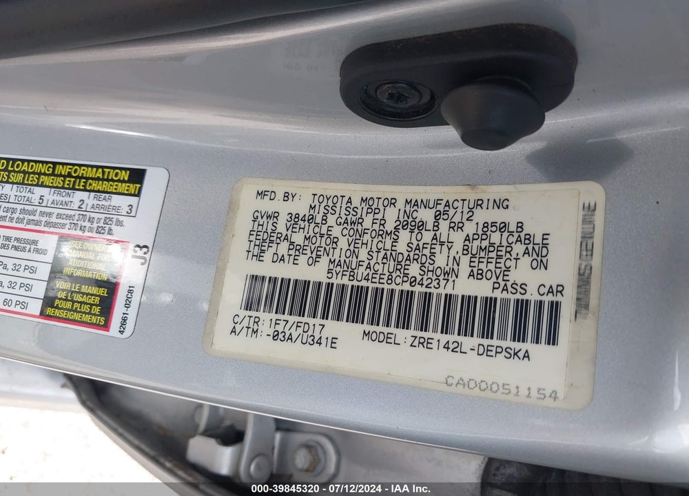2012 TOYOTA COROLLA S VIN: 5YFBU4EE8CP042371